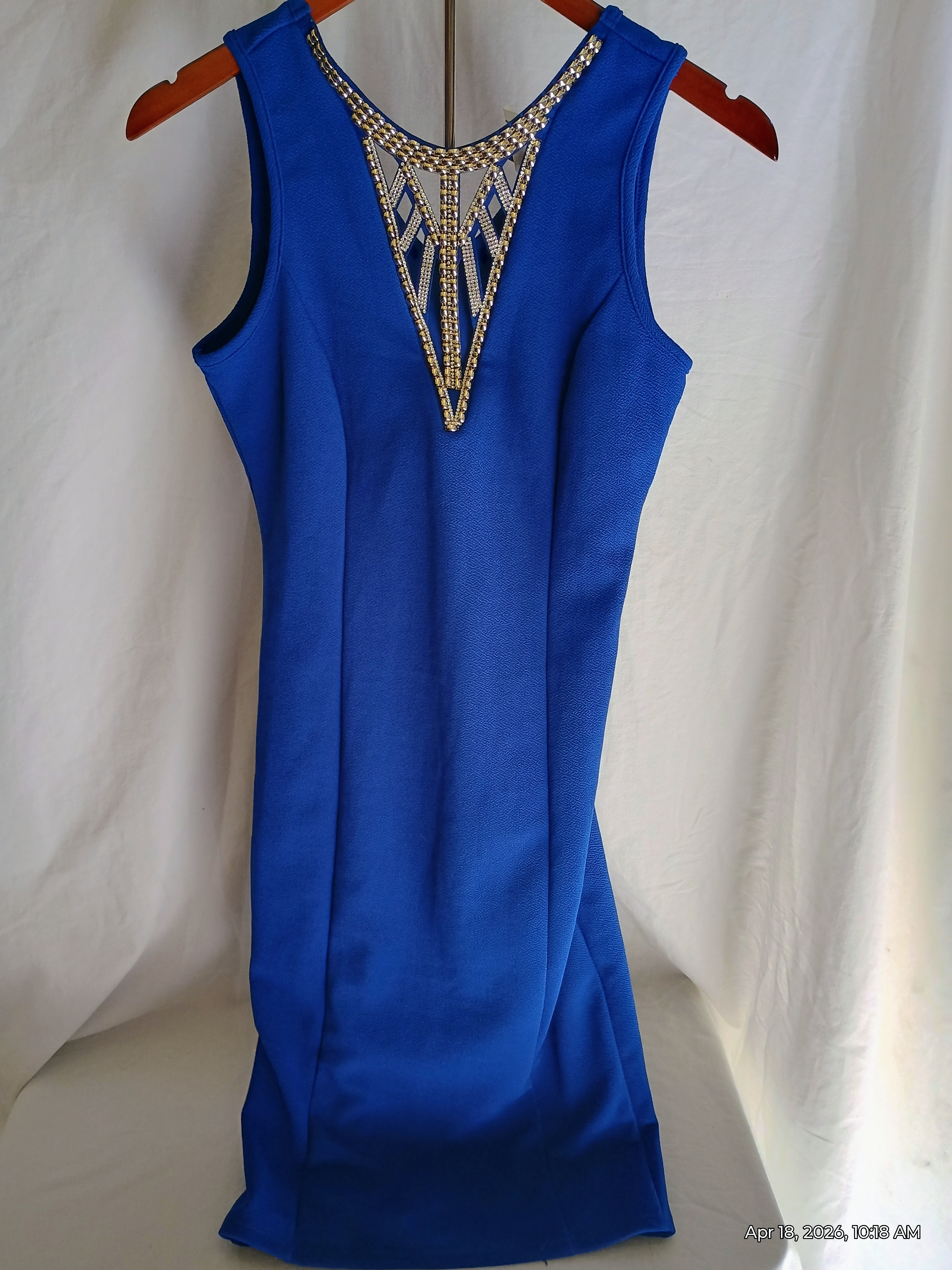 Amo Cobalt Blue Sleeveless Sheath Dress With Beaded And Gems V-Neck